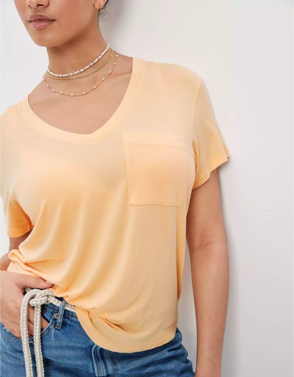 T Shirts American Eagle AE Soft & Sexy V-Neck Pocket Tee Orange Femme | MHZ-40833764